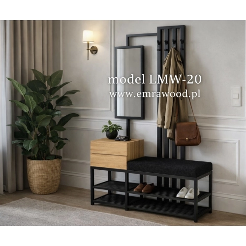 Ławka Do Przedpokoju Z Wieszakiem I Lustrem Metalowa Siedzisko Tapicerowane Czarny Stal LMW-20